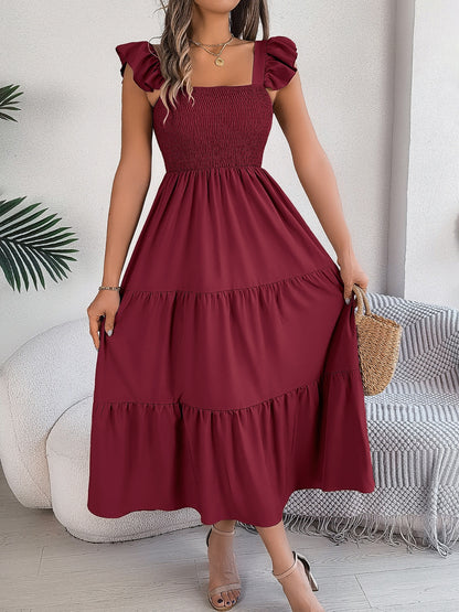 Smocked Square Neck Cap Sleeve Midi Dress Trendsi