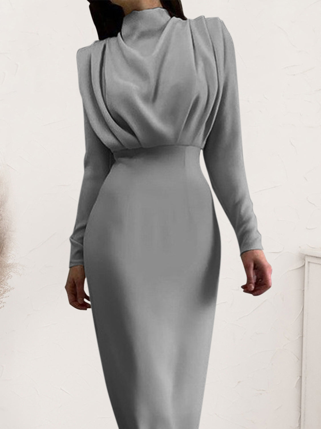 Ruched Turtleneck Long Sleeve Dress Trendsi