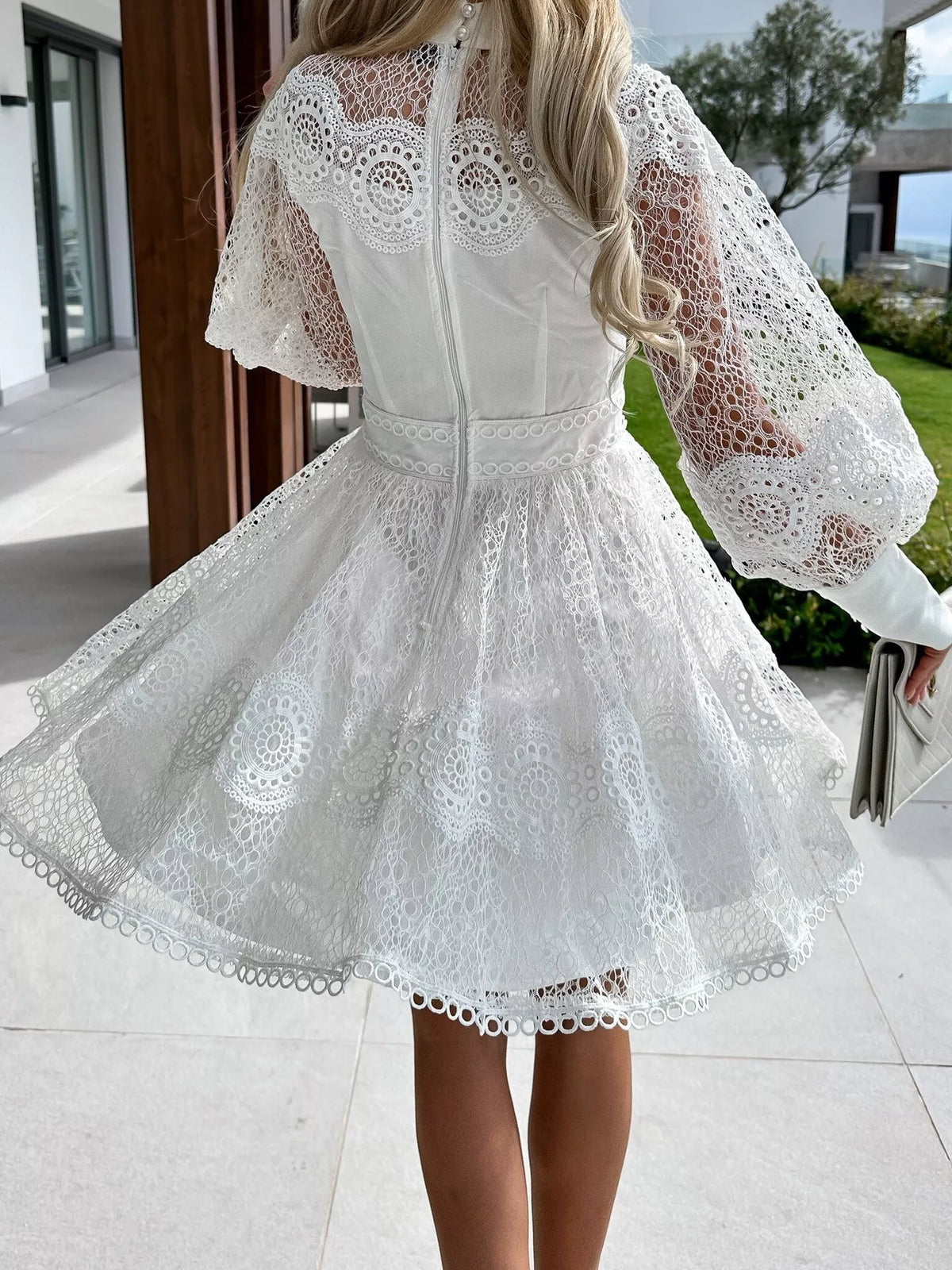 Lace Lantern Sleeve Mini Dress