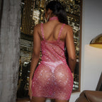 Women's Fashion Hollowed-out Fishnet Rhinestone Dress Aclosy