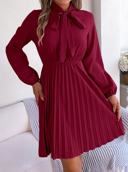 Tie Neck Balloon Sleeve Pleated Dress Trendsi