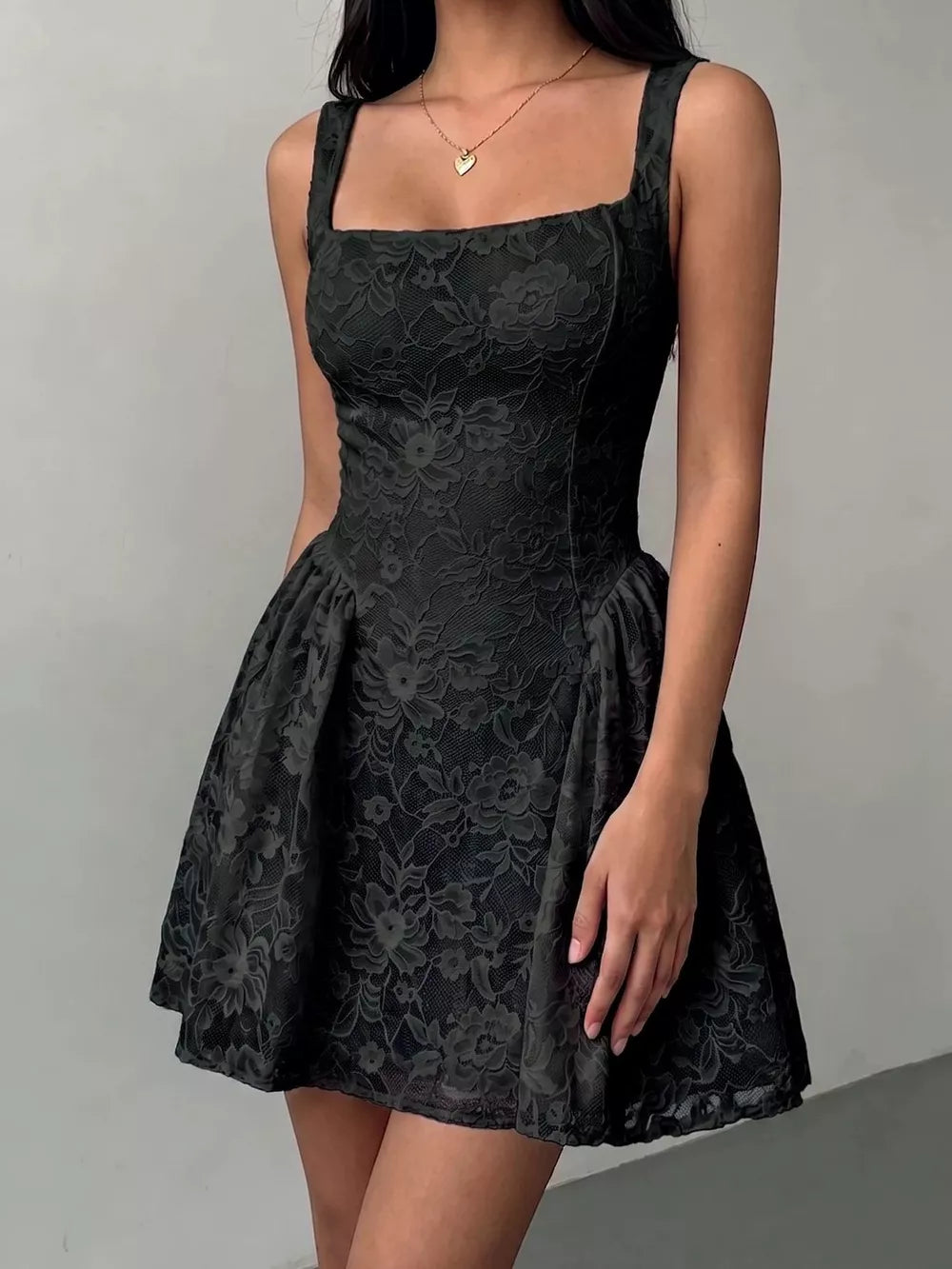 Lila floral lace square-neck mini dress
