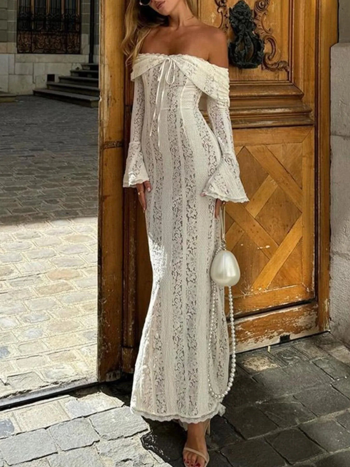 Lace Off-Shoulder Flounce Sleeve Maxi Dress