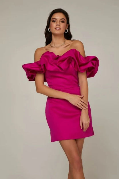 Women's Ruffled Off-shoulder Dress Solid Color Aclosy