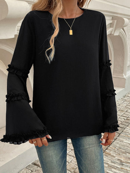 Devine Frill Round Neck Long Sleeve Top Trendsi