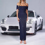 Mesh Silver Off-shoulder Slim Dress #aclosyESL