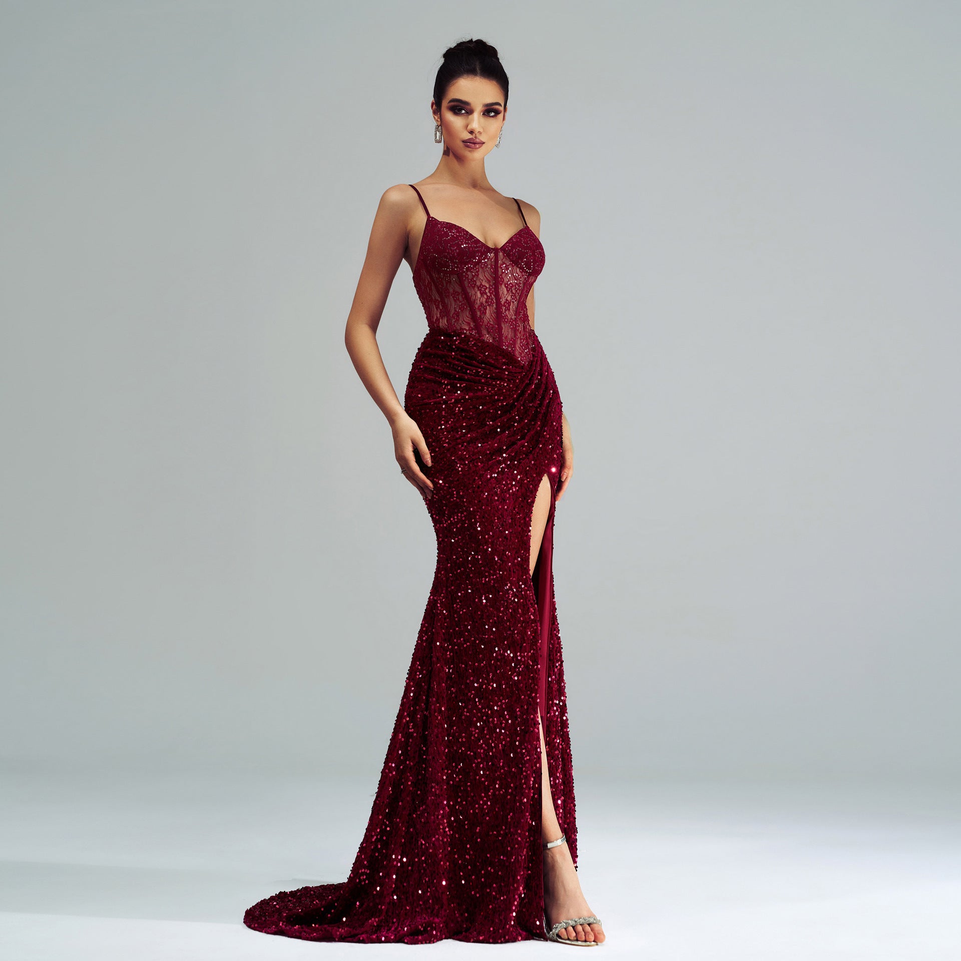 Spaghetti Straps Sleeveless Sequined High Slit Evening Dress aclosy