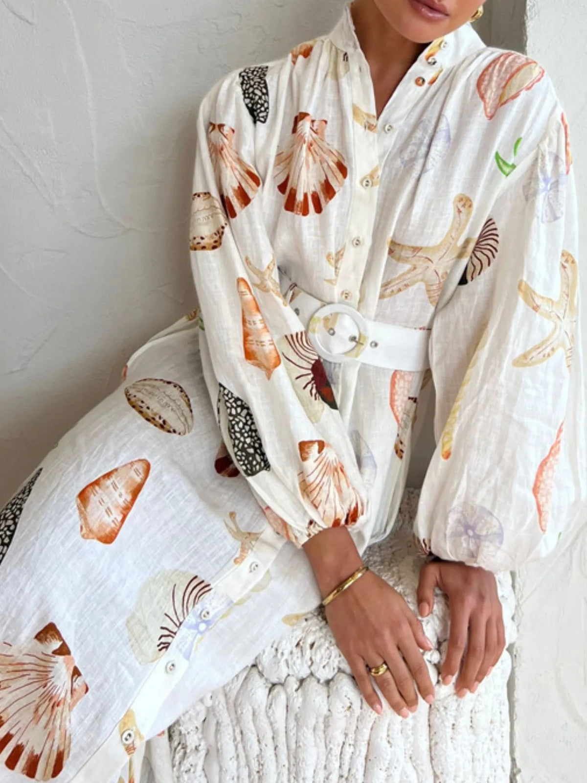 Printed Balloon Sleeve Maxi Shirt Dress