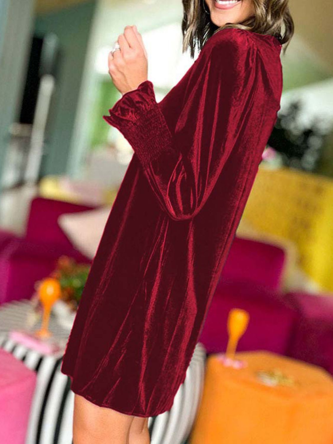 Full Size Mock Neck Smocked Long Sleeve Mini Dress Trendsi