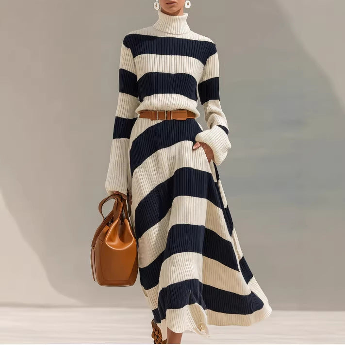 Navy And White Contrast-striped Long-sleeve Dress aclosy