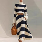 Navy And White Contrast-striped Long-sleeve Dress aclosy