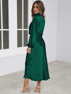 Elegant sleeved halter neck satin evening dress