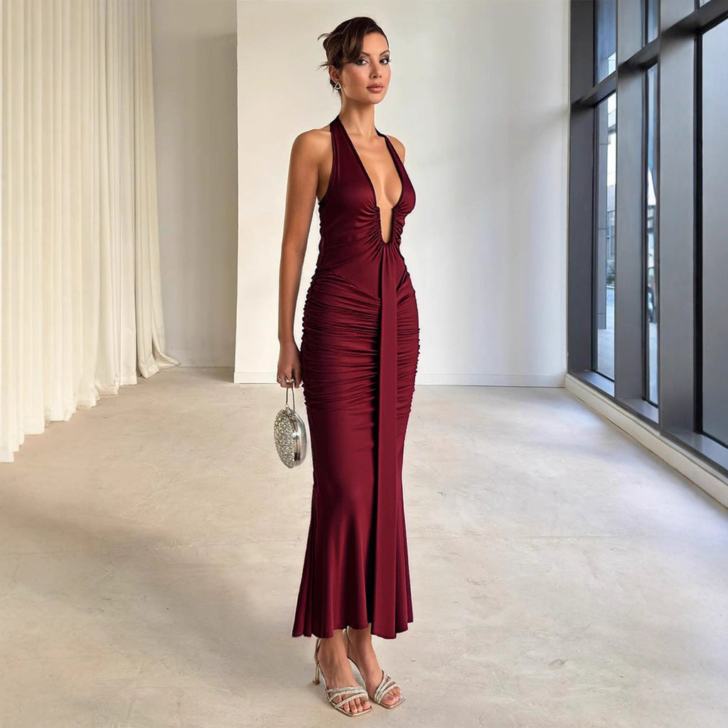 Sleeveless Long Pleated Mermaid Sexy Party Dress aclosy