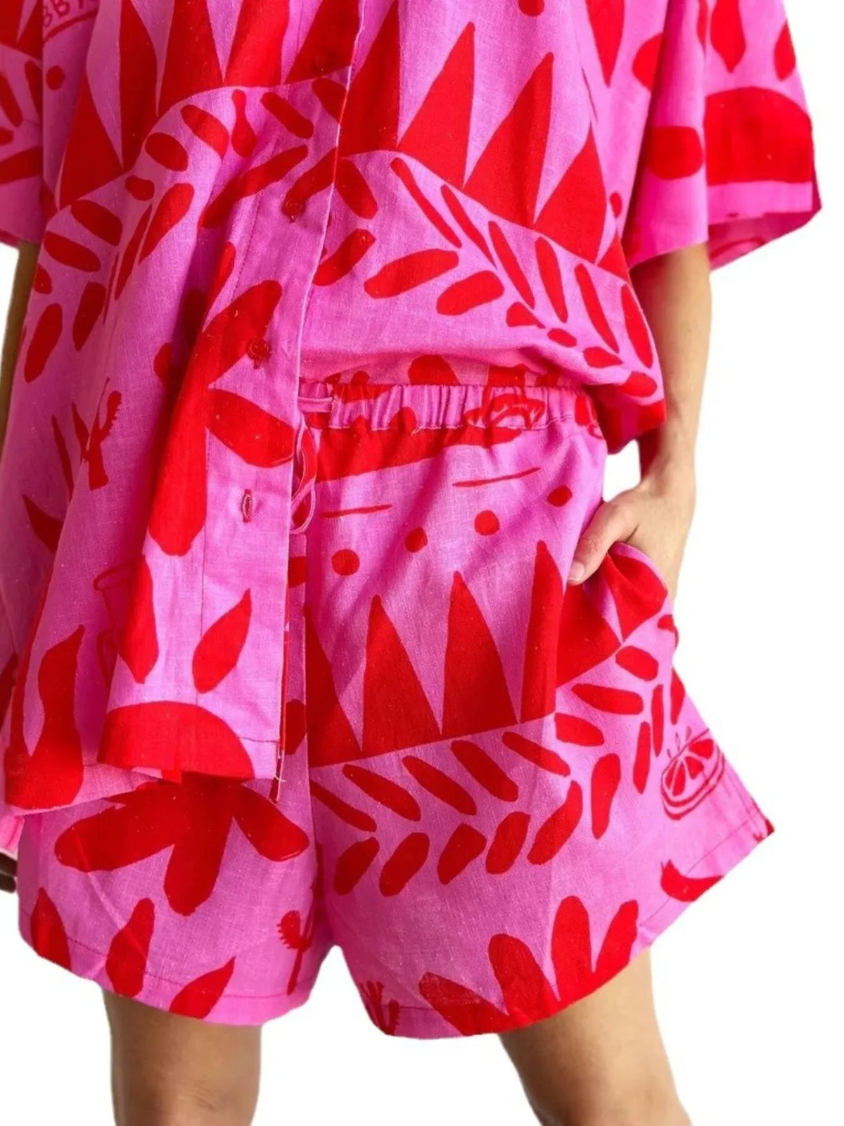 Printed Button Up Shirt and Shorts Set