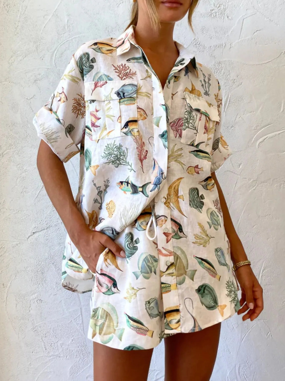 Printed Button Up Shirt and Shorts Set