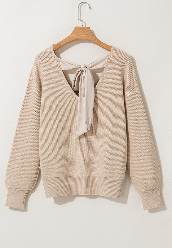 Tied Back V-Neck Long Sleeve Sweater Trendsi