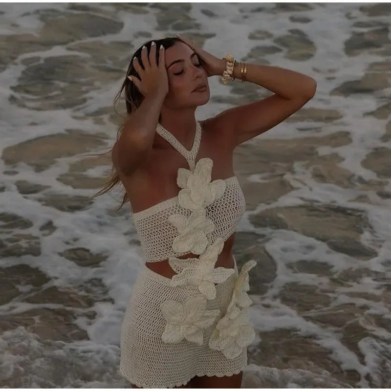 Fashionable Knitted Flower Women's Mini Dress Aclosy