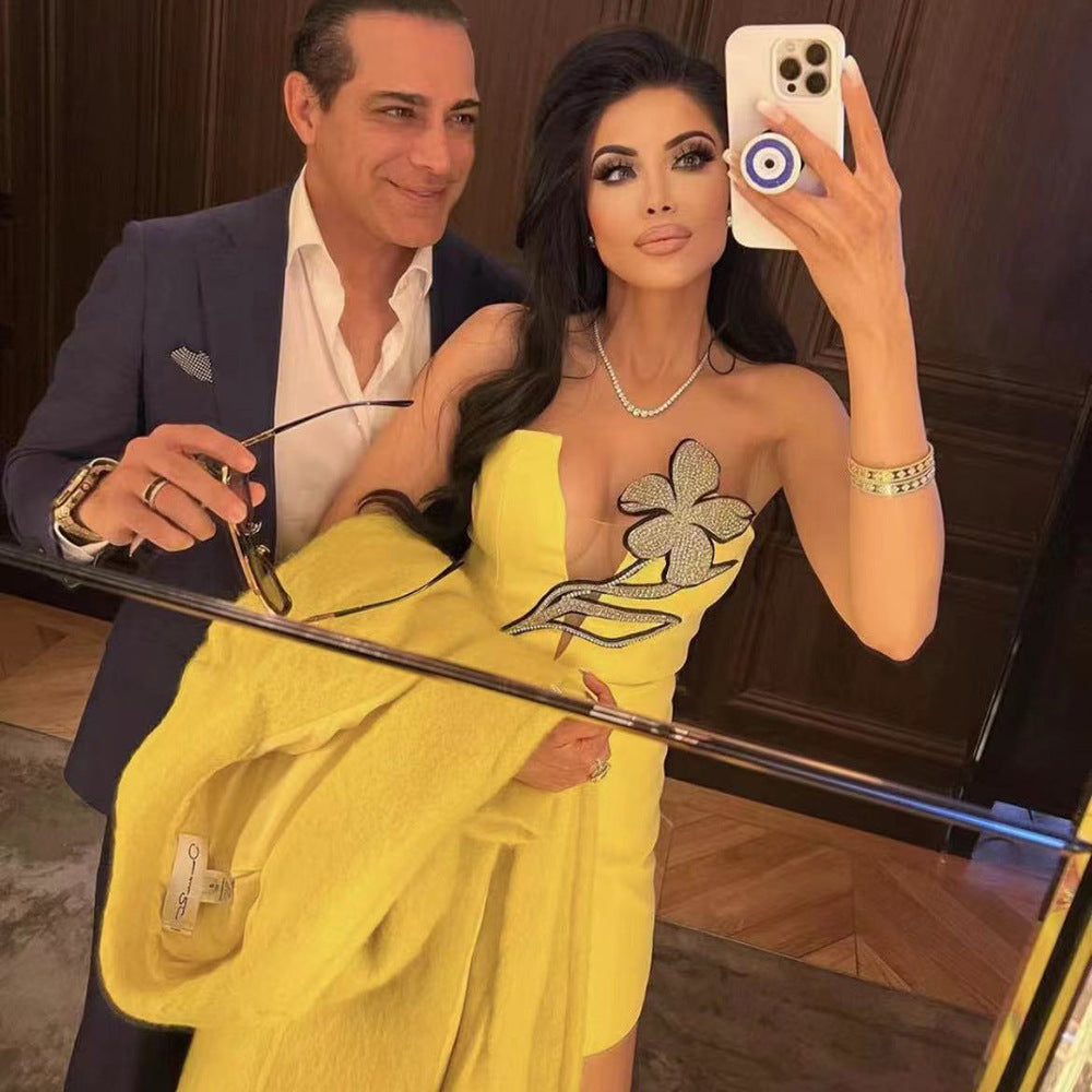 Women's Tube Top Net Yarn Flowers Rhinestone Dress Aclosy