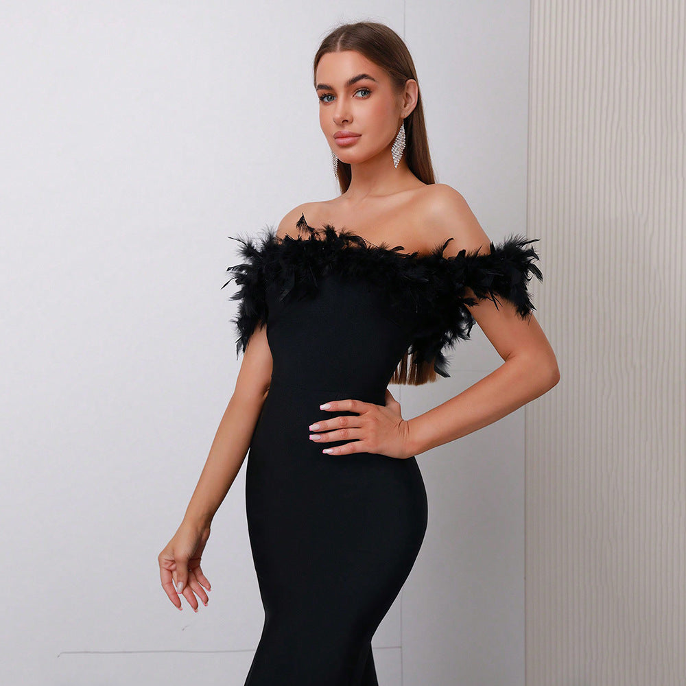 Off-neck Feather Women's Dress Aclosy