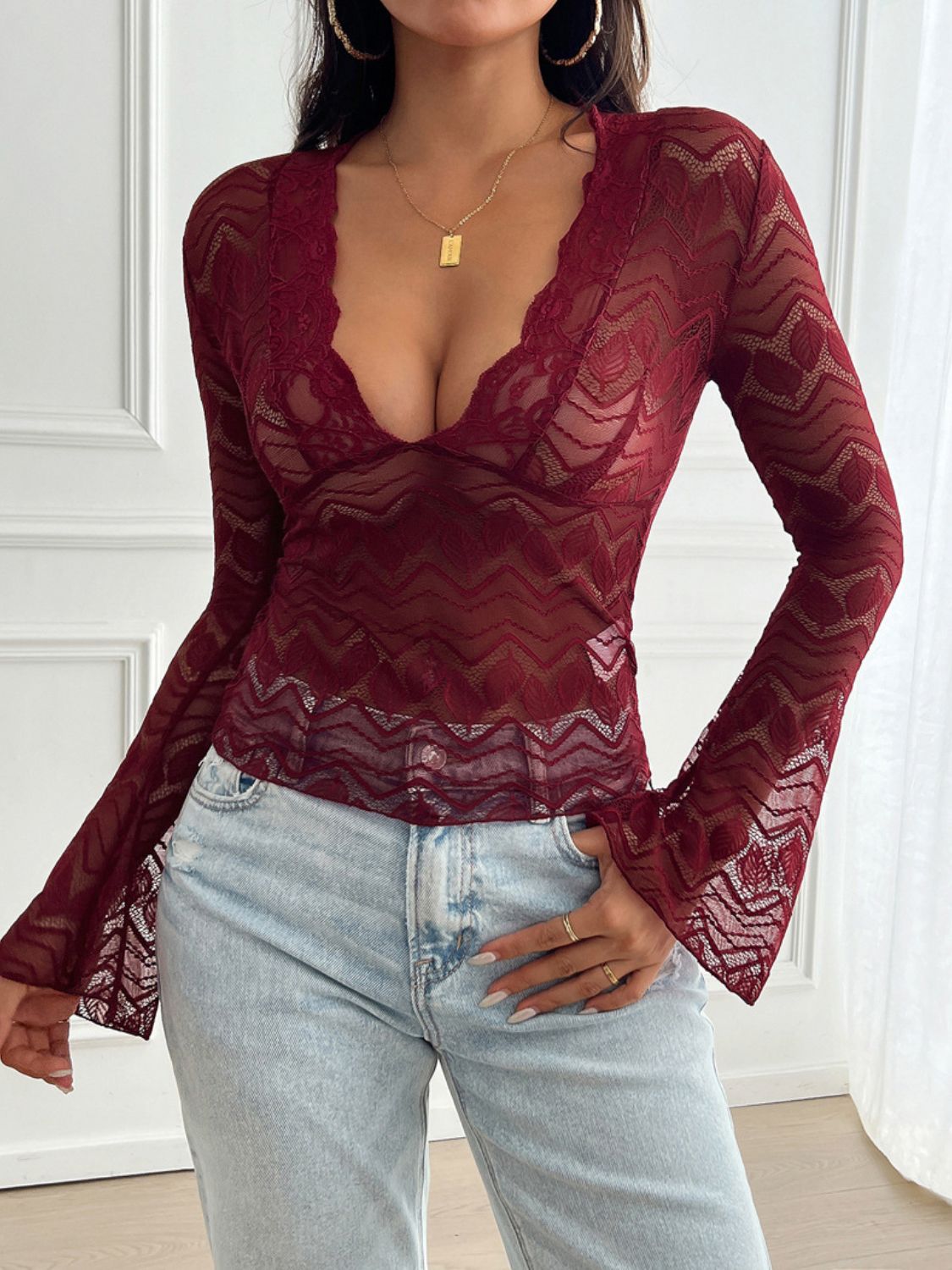 Devine Plunge Long Sleeve Lace Top Trendsi