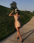 Champagne Banquet Dress Split Suspender Skirt Aclosy