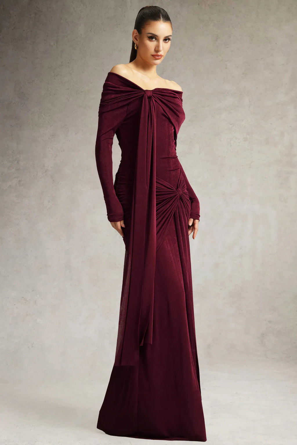 Chic Off-shoulder Long Sleeves Streamer Folds Maxi Dress
