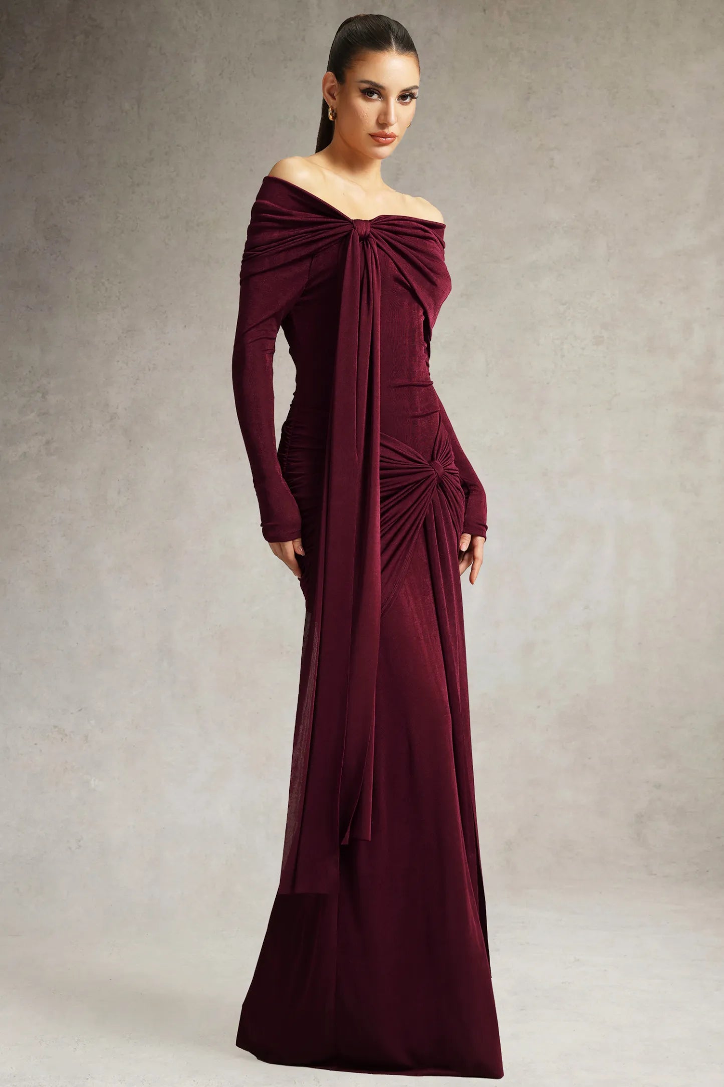 Chic Off-shoulder Long Sleeves Streamer Folds Maxi Dress