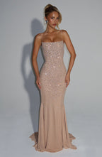 ALEKA ELEGANT BACKLESS RHINESTONE MAXI DRESS