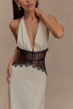 Aesha Backless Halter Dress with Deep V Neck, Satin Patchwork