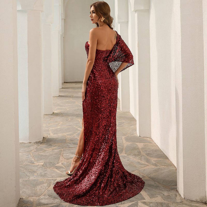 One Shoulder Irregular Sequins Dress Aclosy