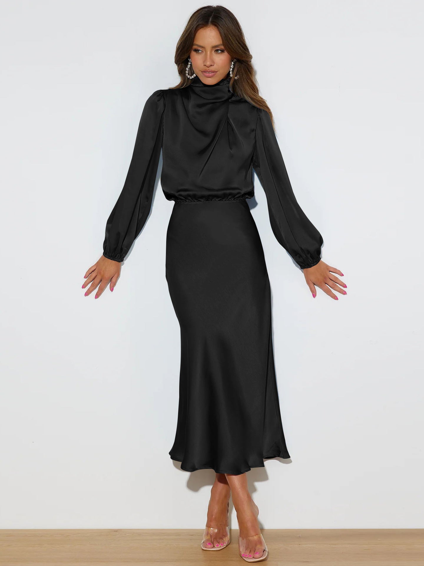 Elegant sleeved halter neck satin evening dress
