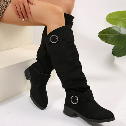 Buckle Round Toe Block Heel Boots Trendsi