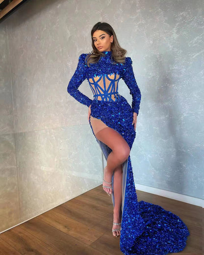 Blue Siren Ji Sequin See-through Dress With High Slit Aclosy