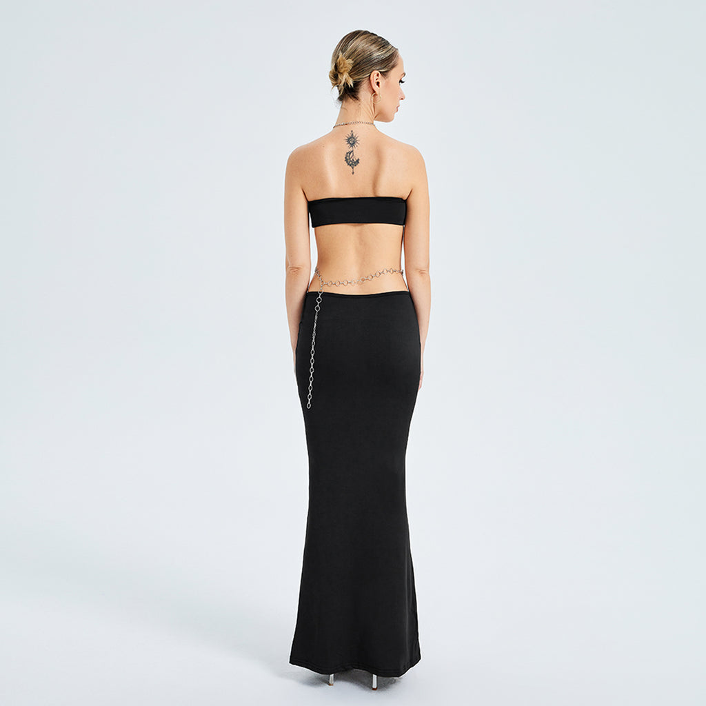 Metal Chain Halterneck Wrap Bust Cutout Party Dress aclosy