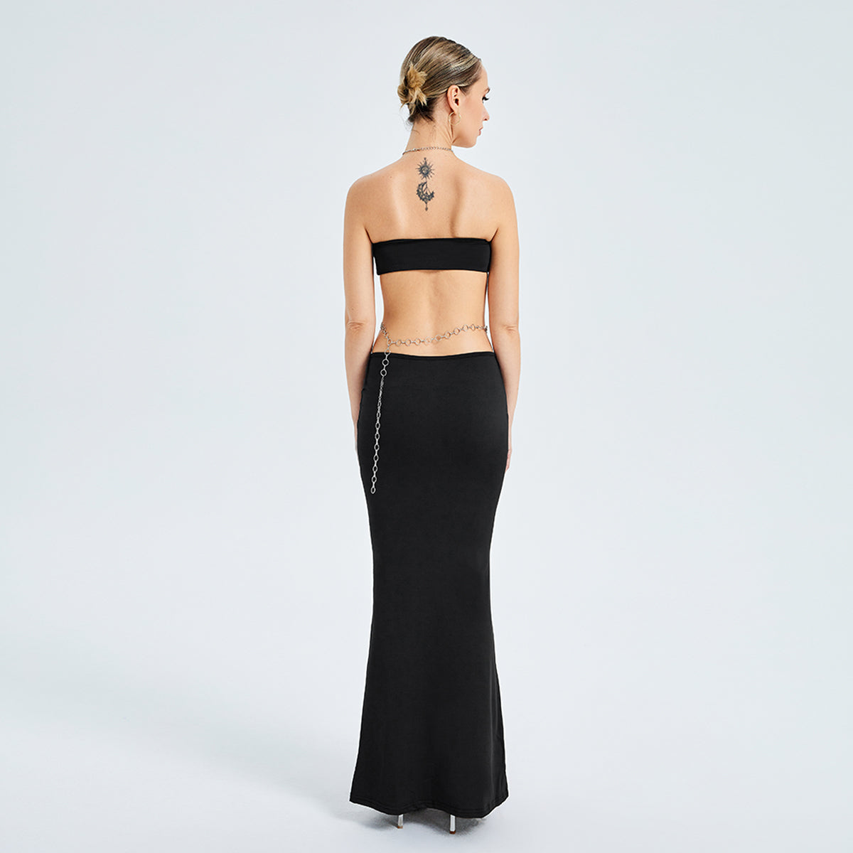 Metal Chain Halterneck Wrap Bust Cutout Party Dress aclosy