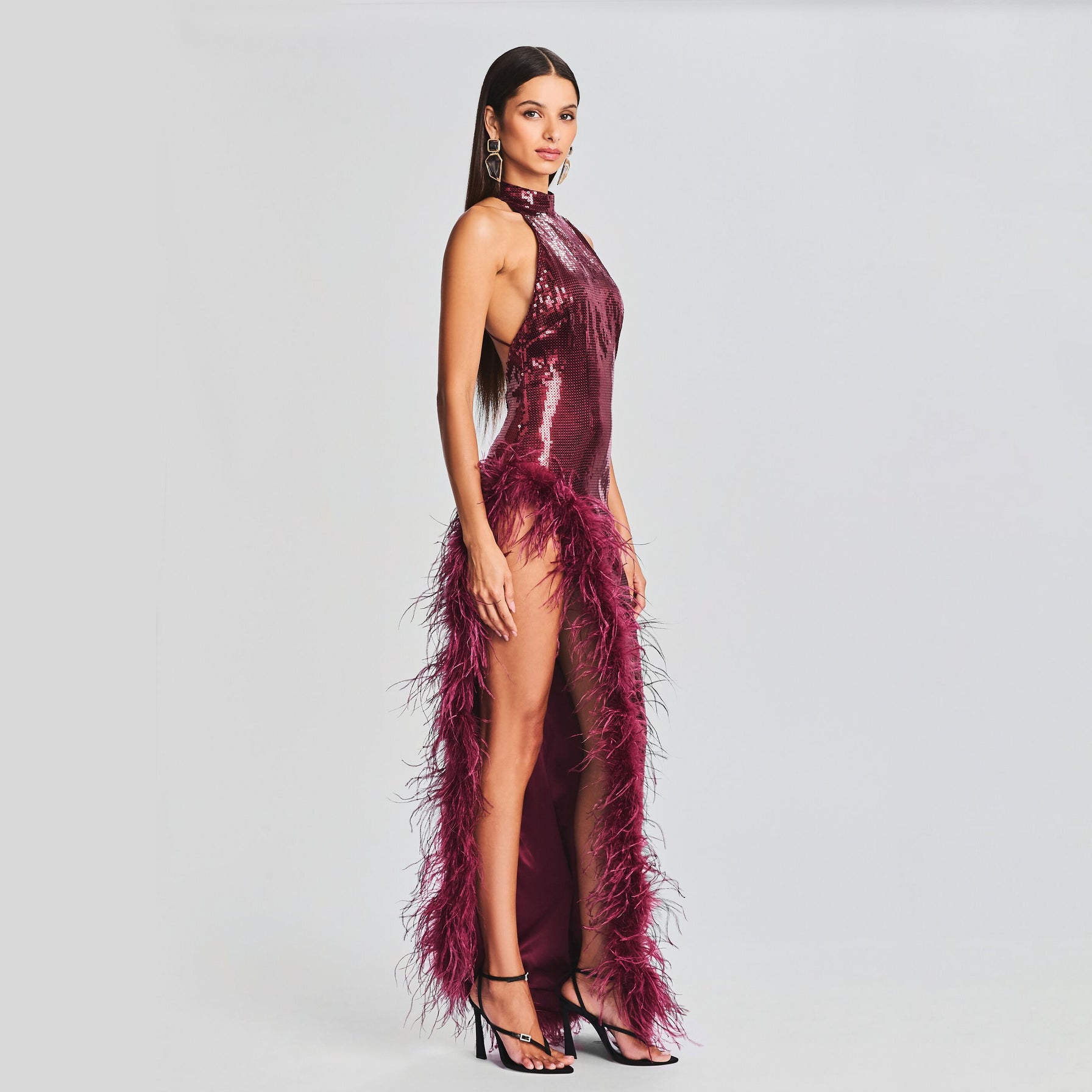 Feather Wine Red Sequined Halter Dress Aclosy