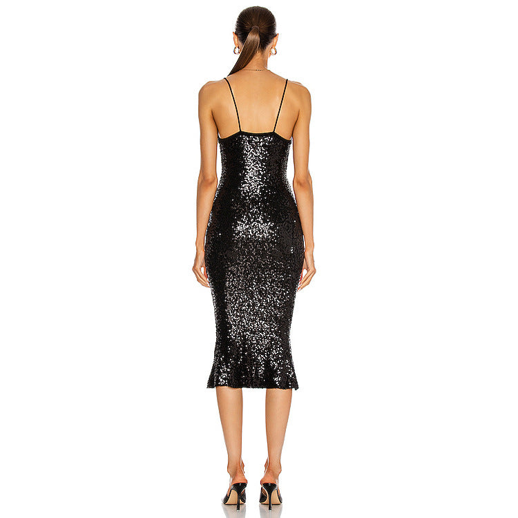 Fashion Sexy Halter Back Sequined Women's Slim Bag Hip Fishtail Dress Aclosy