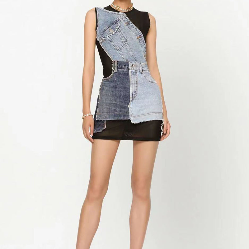 DENIM ROUND NECK MINI DRESS