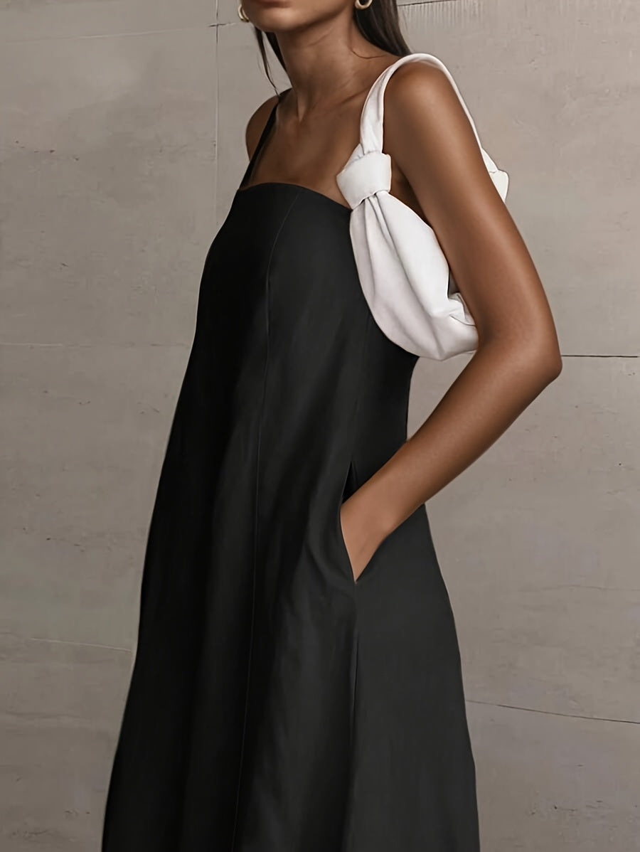 Linen High-Waisted Backless Patchwork Pocket Dress