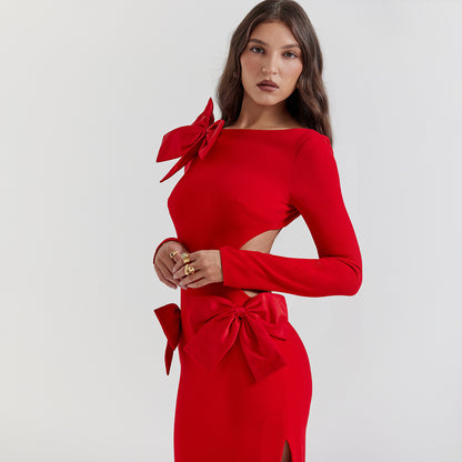 Long Sleeve Backless Bow Split Dress Red Dress Aclosy
