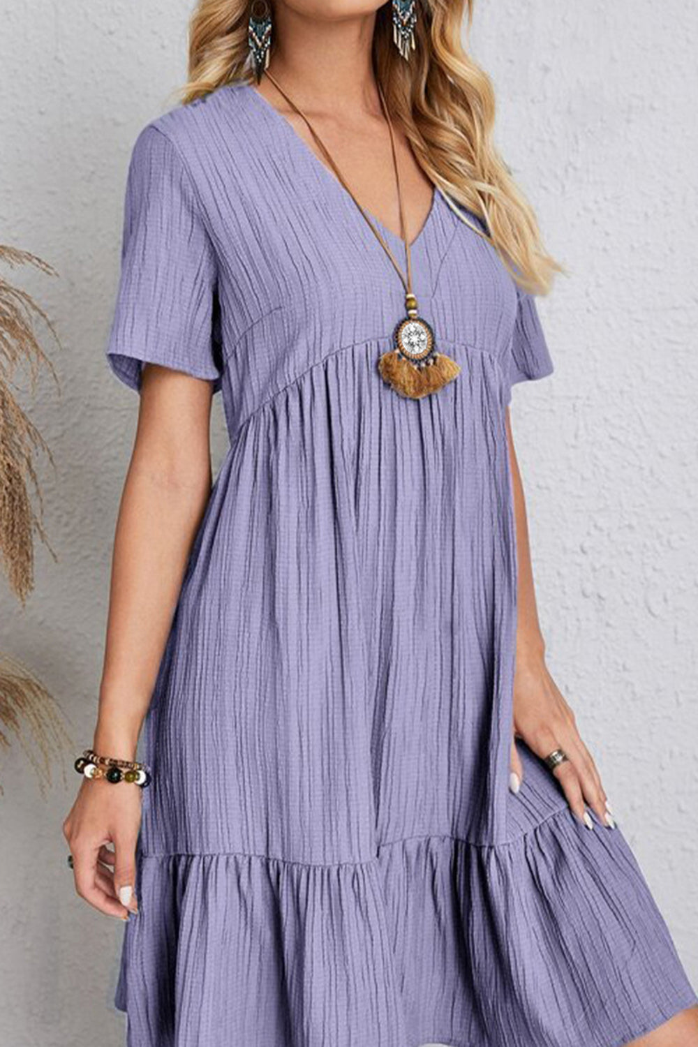 Full Size Ruched V-Neck Short Sleeve Dress Trendsi