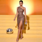 One-shoulder Sequin Slit Party Sexy Elegant Banquet Party Evening Dress null