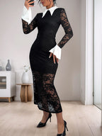 Perfee Lace Contrast Collared Neck Long Sleeve Midi Dress Trendsi