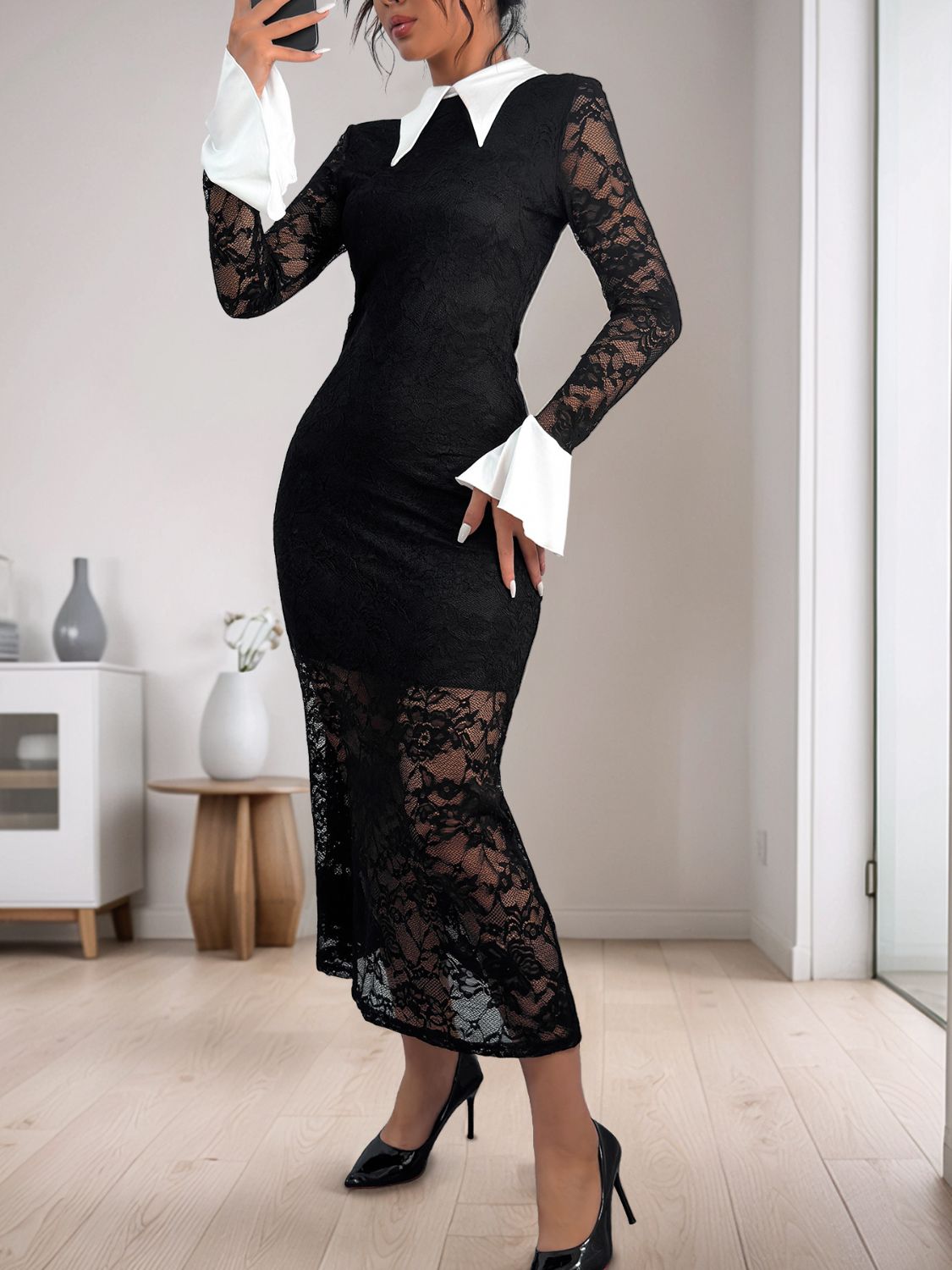 Perfee Lace Contrast Collared Neck Long Sleeve Midi Dress Trendsi