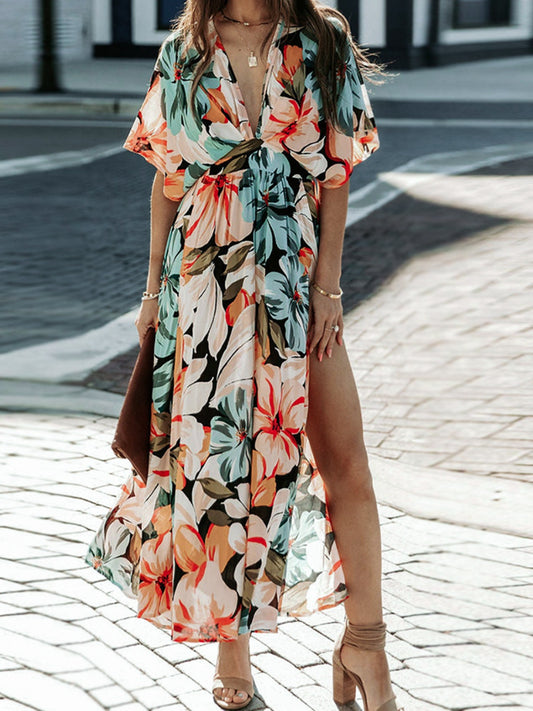 Floral Plunge Half Sleeve Dress Trendsi
