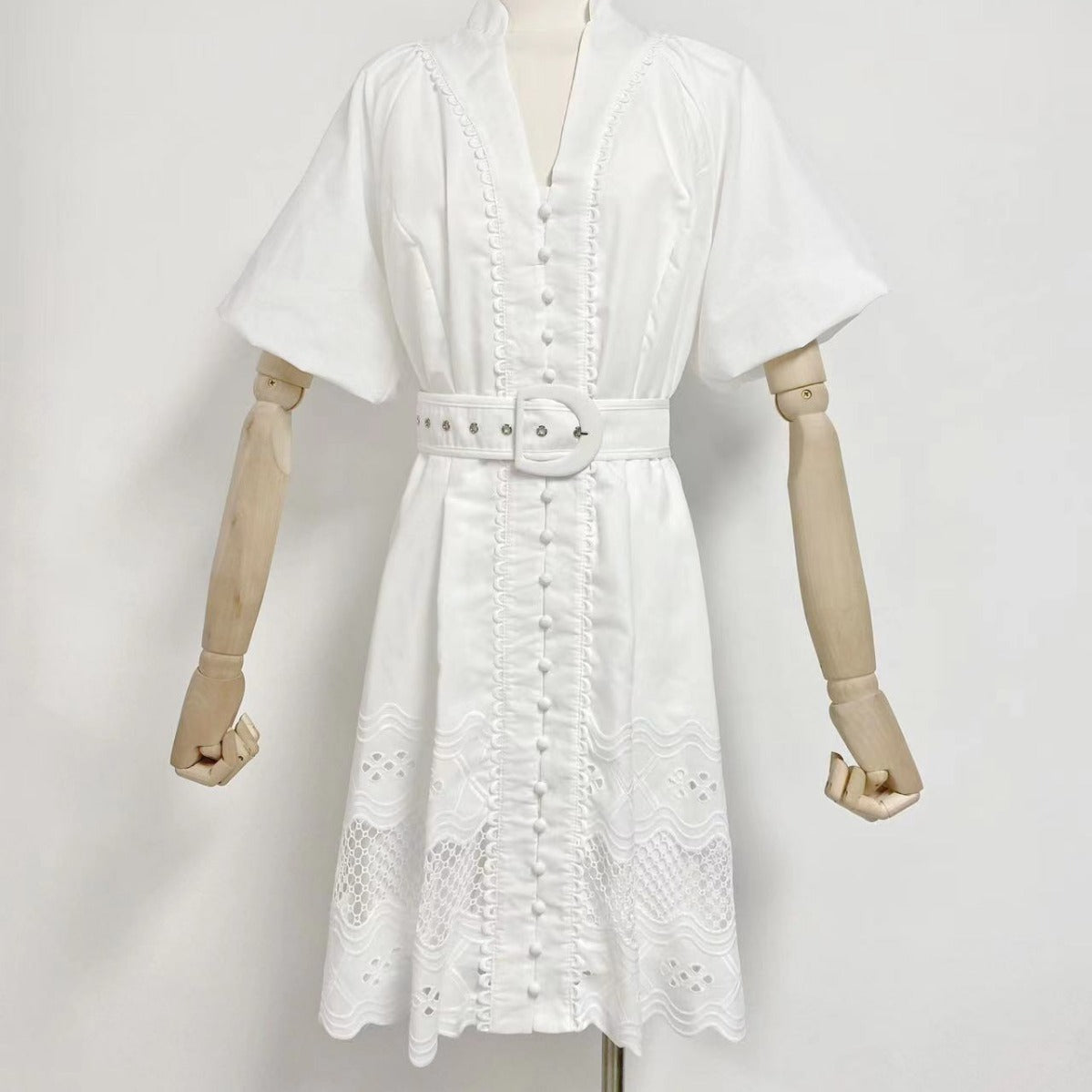 V-neck Puff Sleeve Single Breasted Belt Waist Trimming Short Dress Women aclosy