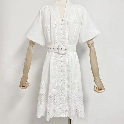 V-neck Puff Sleeve Single Breasted Belt Waist Trimming Short Dress Women aclosy