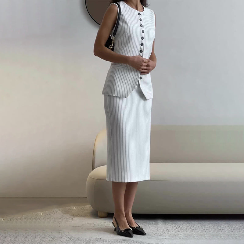 Women's Round-neck Striped Single-breasted Vest Top High Waist A- Line Skirt Suit #aclosyESL