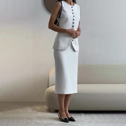 Women's Round-neck Striped Single-breasted Vest Top High Waist A- Line Skirt Suit #aclosyESL