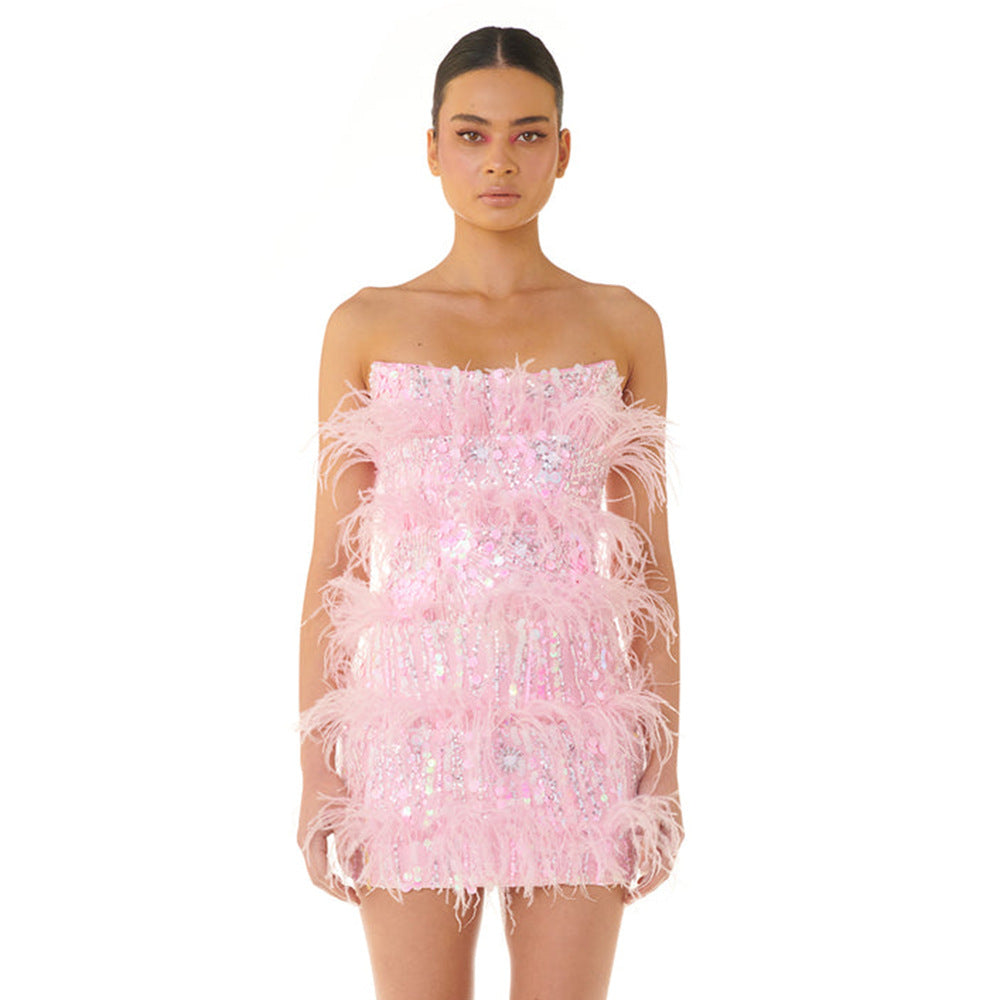 Summer  Women's Tube Top Color Sequined Feather Stitching Short Dress Party Dress aclosy